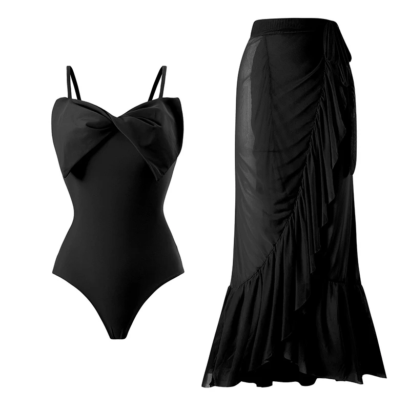 Backless Swimwear Women Rose Red Bow Tie Sexy Bodysuit Holiday Fashion Bathing Suit Ruffled Chiffon Skirt Summer 2026 New