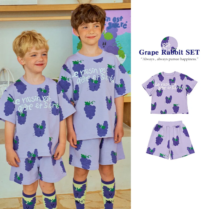 

2025 Summer New Children's Sports Two-piece Set Cartoon Grape Full Printed Short Sleeved Pants Set For Children