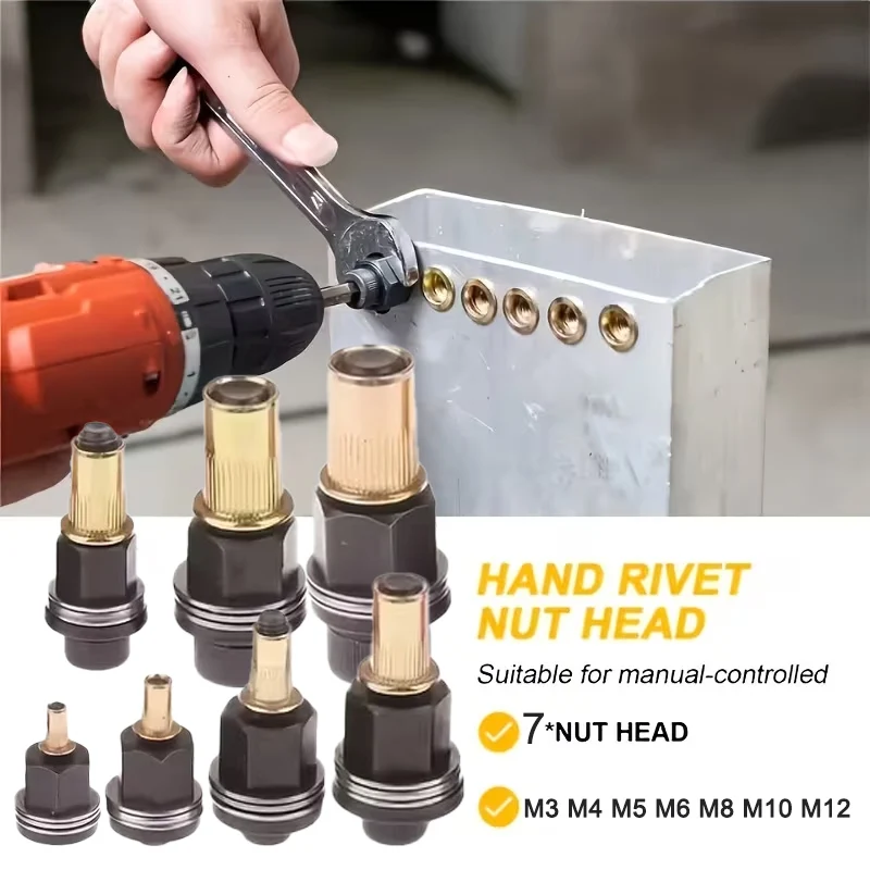 7Pcs M3-M12 Carbon Steel Rivet Nut Tool Kit - Manual Wrench & Drill Compatible for Auto Repair Shelving Blind Rivet Installation
