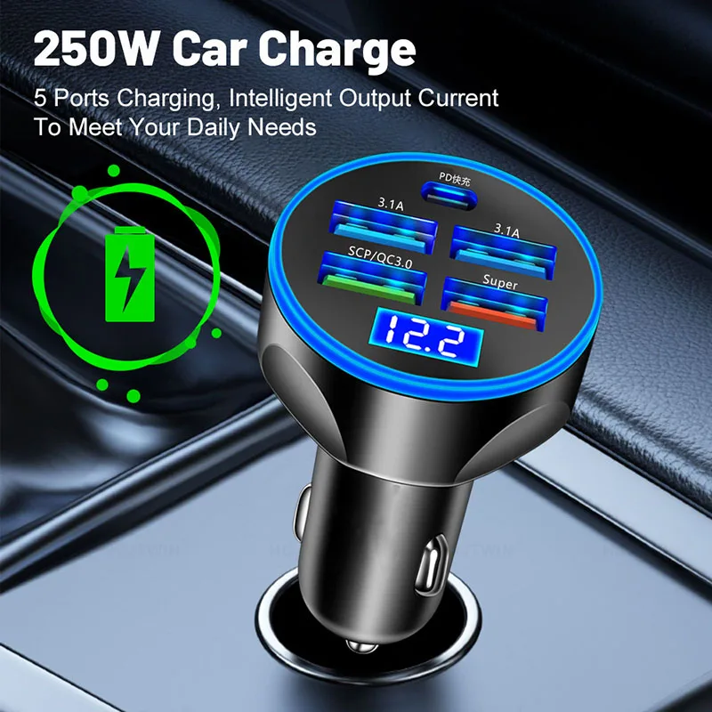 

5 in 1 Super Fast Charging Car Charger PD 3.1A Multi Port Digital Display Car Charging Digital Five in One Car Charger For Phone