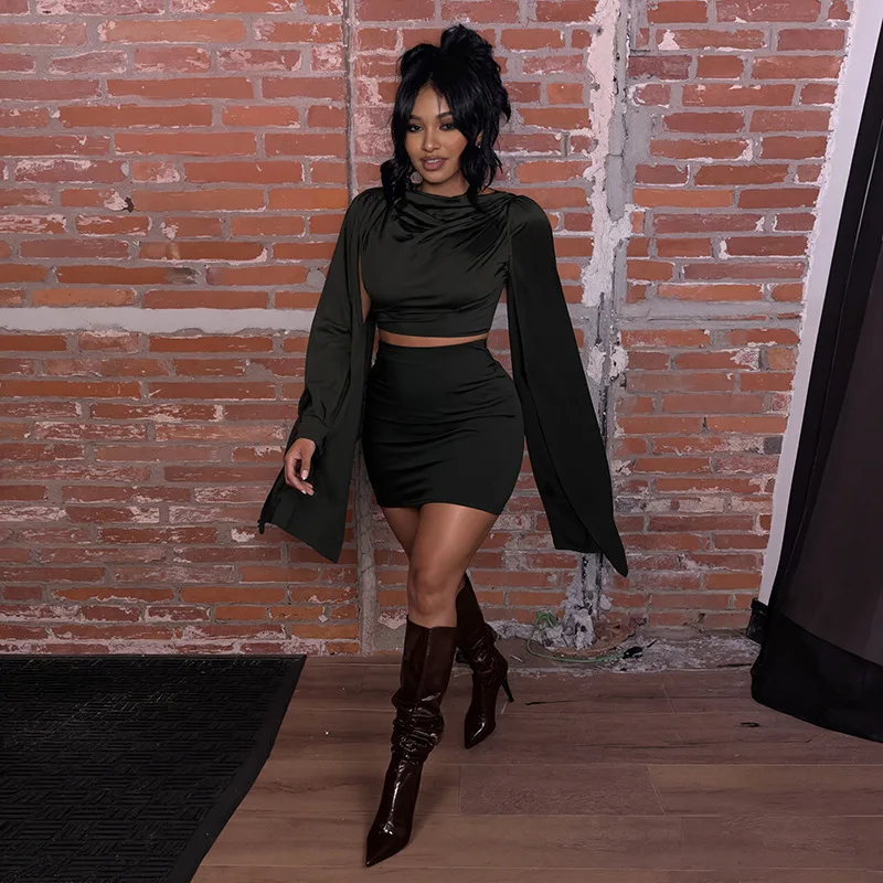 Solid 2 Piece Set Women Fashion O Neck Ruched Shawl Crop Tops + Bodycon Mini Skirts Birthday Party Outfits Clubwear Suits