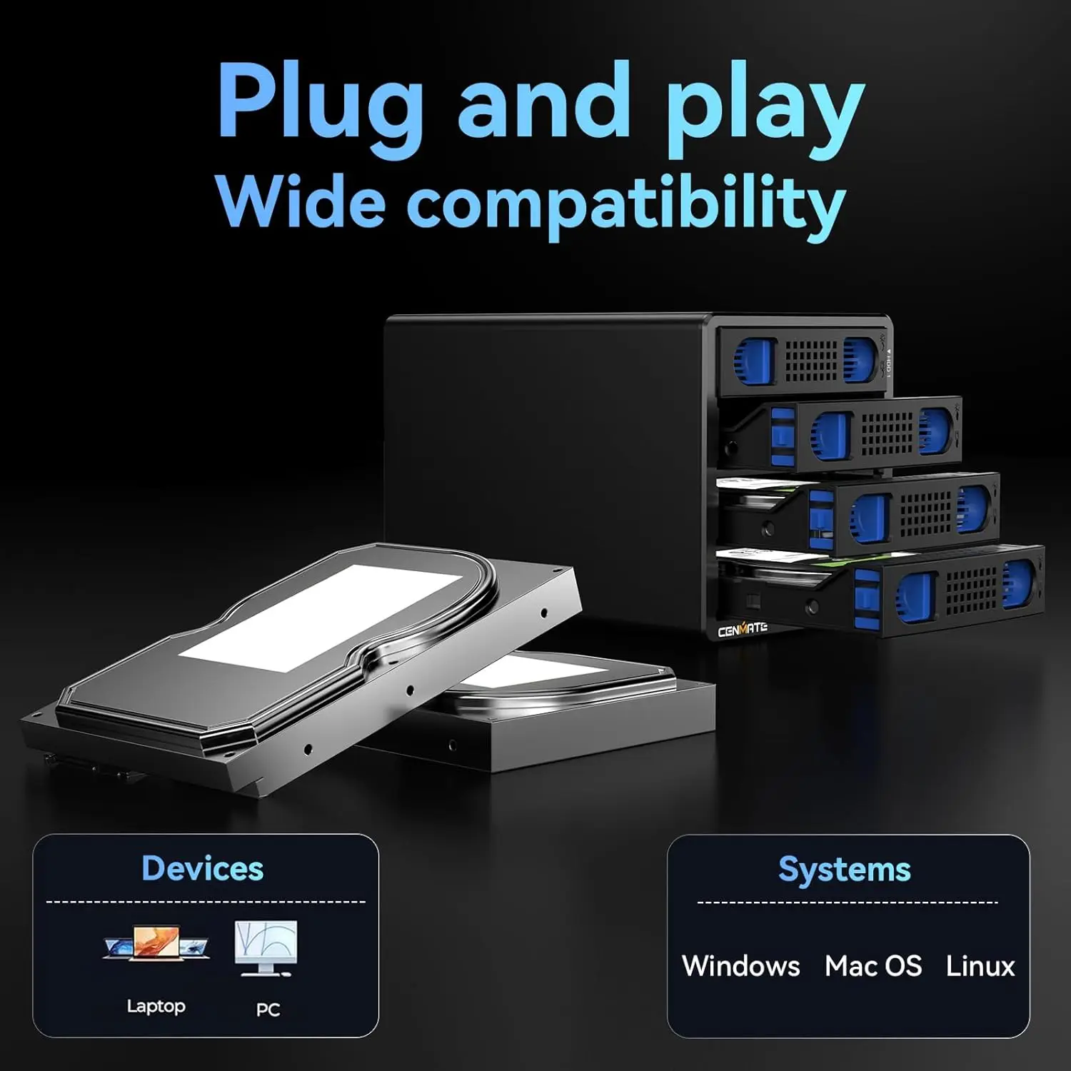 4 Bay Tool-Free Hard Drive Enclosure with Cooling Fan for 2.5