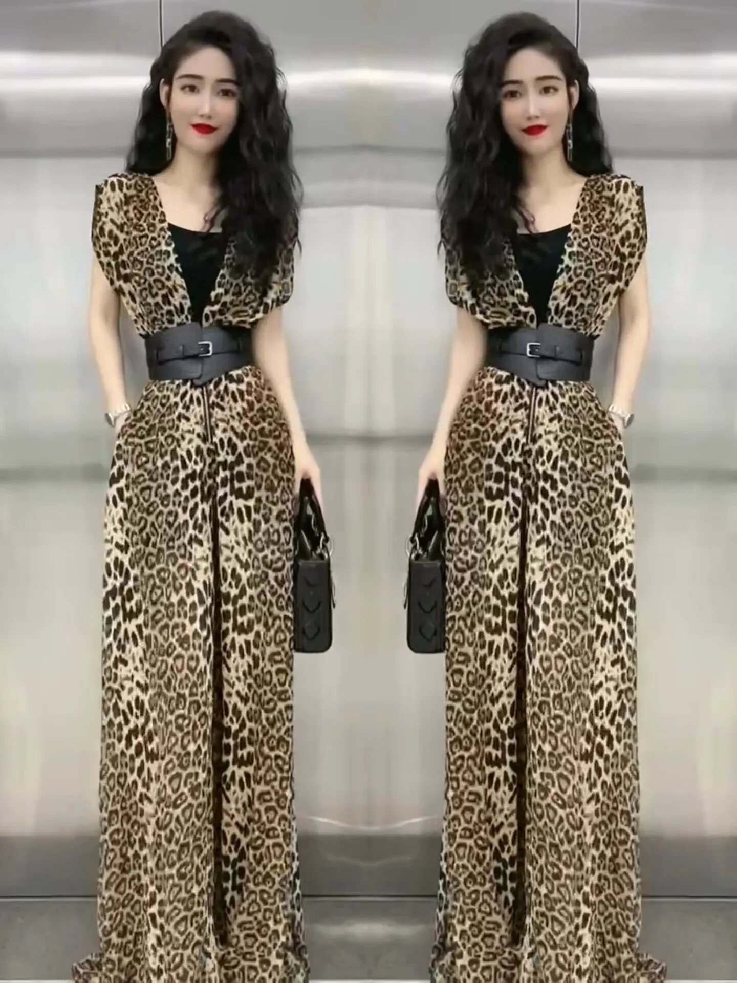 ชุดสูทลายเสือดาวแฟชั่น กางเกงขายาวทรงตรงเอวสูง ผ้าคุณภาพพรีเมียมสำหรับผู้หญิง