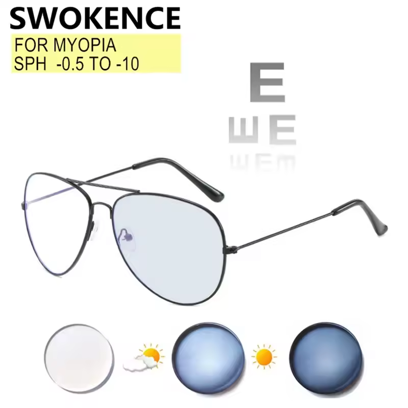 Myopia Glasses Prescription -0.5 to -10 Women Men Black Alloy Frame Photochromic Or Anti Blue Ray Or Night Vision Lenses F076