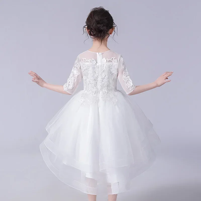 Fashion Princess Dress for Girls Lace Mesh Short Sleeve Flower Girl Dresses for Weddings Summer Girls Party Dress 3-12 Years
