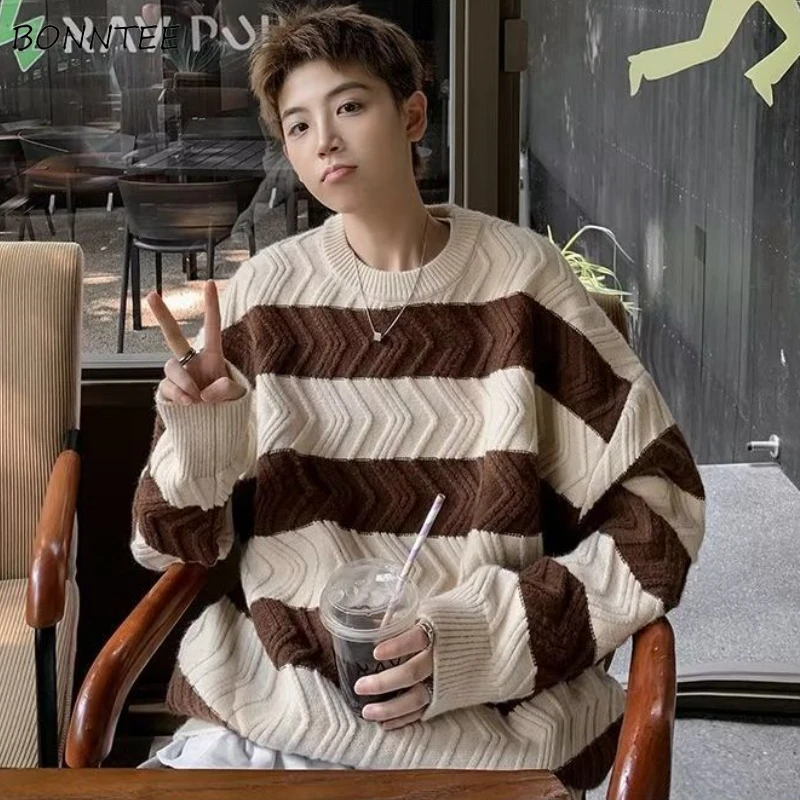 

Japanese Pullovers Men Knitted Striped Sweaters Baggy All-match Warm Casual Jumper Handsome College Students High Street Winter