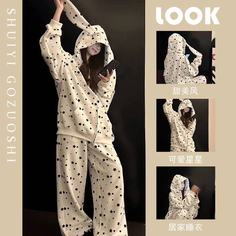 Neues Herbst-Winter-Pyjama-Set mit Kapuze und weitem Bein für Mädchen, bedruckte Loungewear für Studentinnen, bequeme, lockere Homewear für Frauen und Teenager, lässig.