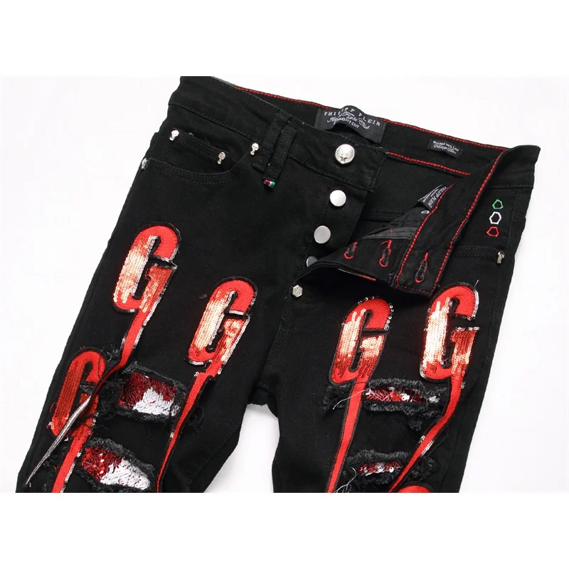 Street Style Black Skinny Stretch Jeans Men's Ripped Embroidery Red Printed Punk Party Skinny Trousers