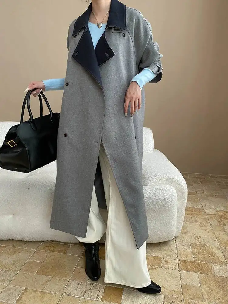 TLXT أنيقة المرأة التباين اللون خندق غير النظامية مزدوجة الصدر حزام تجمع الخصر سترة واقية موضة خريف جديد 2025 #3