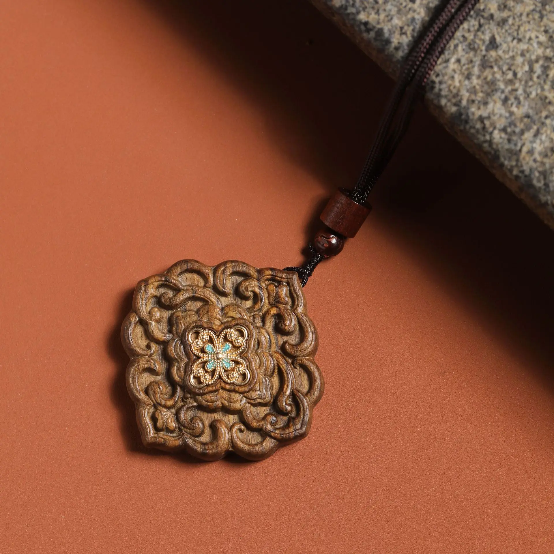 Agarwood Carved Pendant with Auspicious Blessing Patterns, Inlaid Single-Side Ornament, Elegant Car Hanging Decoration for Car