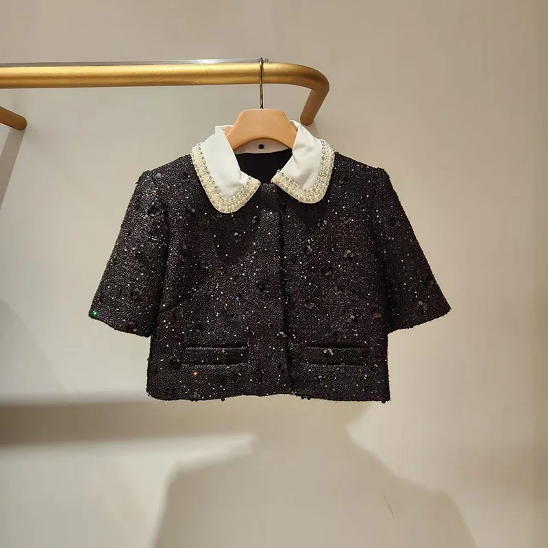 【Darmowy Prezent】Zestaw Damski Jesień Zima 2025: Francuski, Niszowy Top z Kolorowymi Blokami, Cyrkoniami, Perłami i Cekinami + Spodnie z Szerokimi Nogawkami