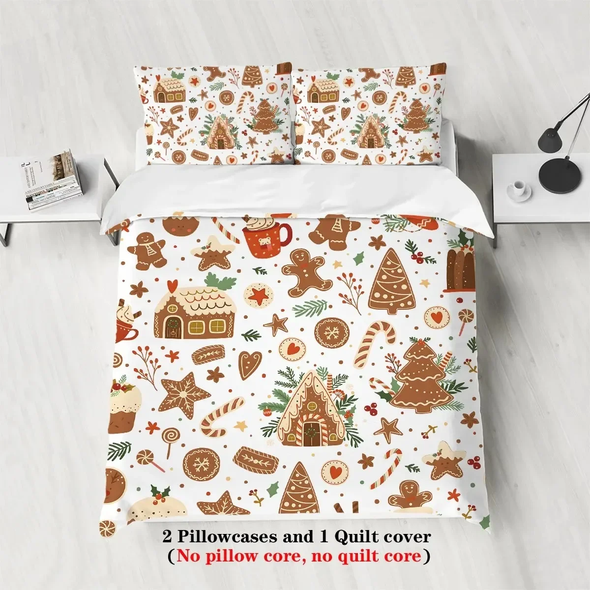 Christmas Cottage Gingerbread Man Brown Print Quilt Cover with Pillowcases, Skin-friendly, Warm, soft Breathable Bedding Set