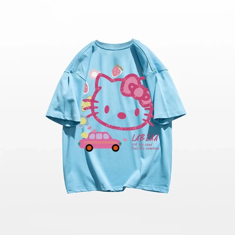 Sanrio เสื้อยืดคอกลมแขนสั้นสำหรับผู้หญิง, เสื้อ Y2K พิมพ์ลายการ์ตูนฉบับภาษาเกาหลี Hello Kitty