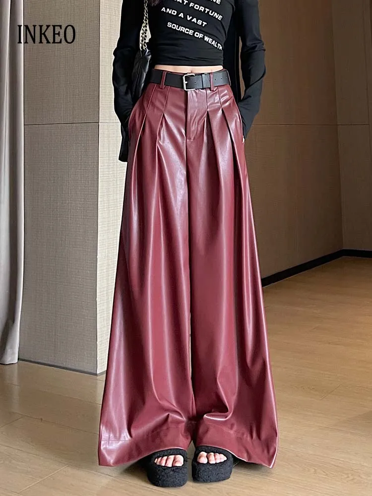 

Осень-зима 2025, Normcore, брюки из искусственной кожи с поясом, женская уличная одежда, плиссированные брюки из искусственной кожи с высокой талией, брюки INKEO 5B011