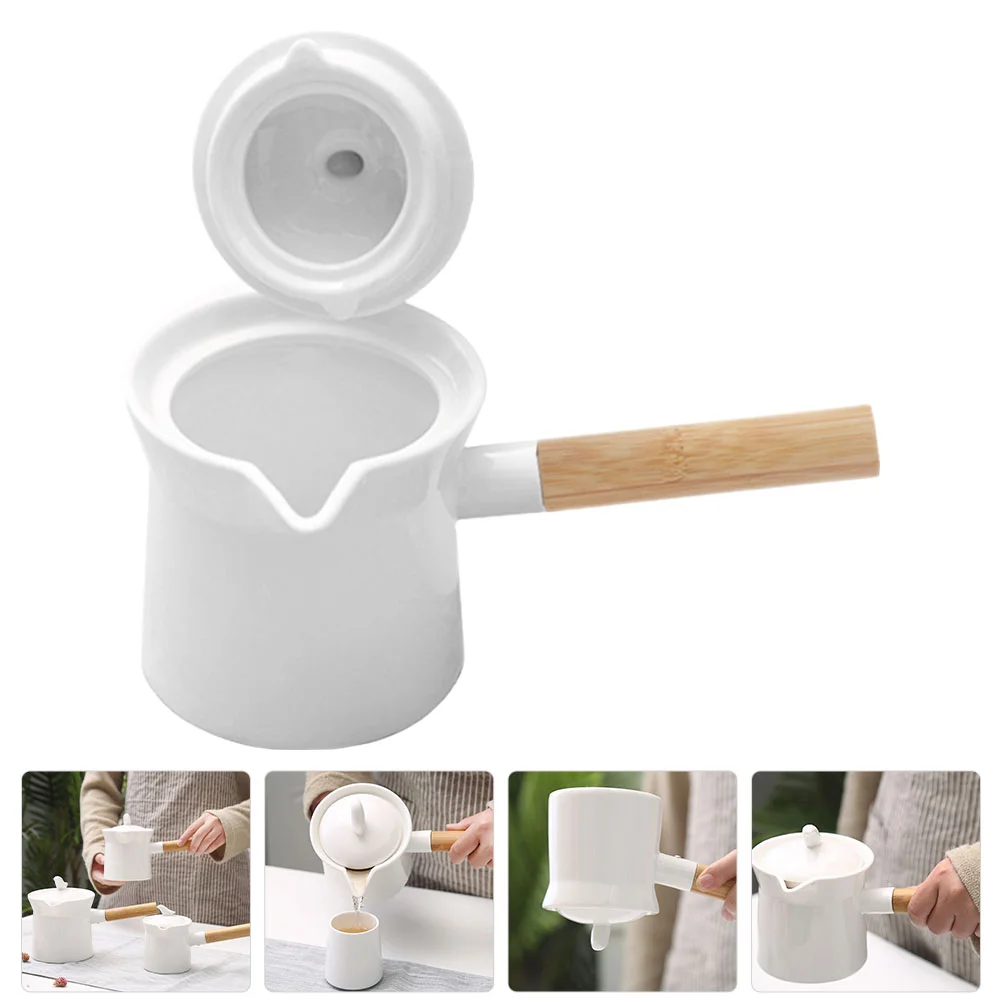 

Kettle Stovetop Wooden Handle Ceramic Milk Pan Steak Sauce Cup Steamer Mini Saucepan Butter Warmer White Kitchen Supply Baby