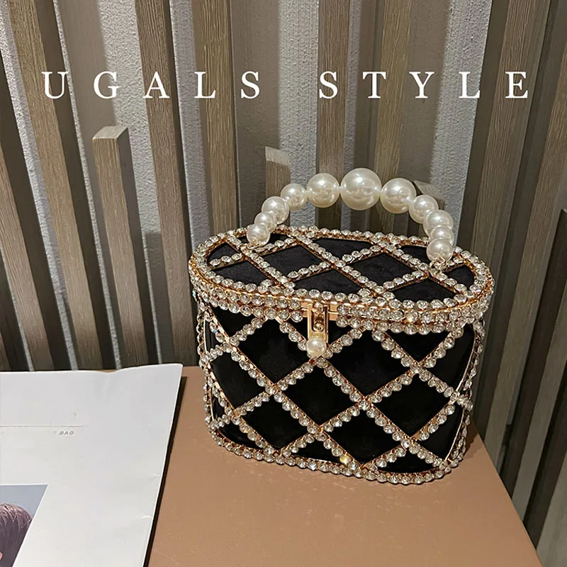 Luxury Rhinestones Diamond Evening Bag Hollow Pearl Beaded Metallic Cage Women Handbag Wedding Party Clutch Purse Shoulder Bag