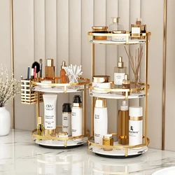 Luxury Gold Bathroom Shelf Marble Countertop Organizer 360 Rotating Cosmetic Storage Box with Lipstick Holder Makeup Brush Rack