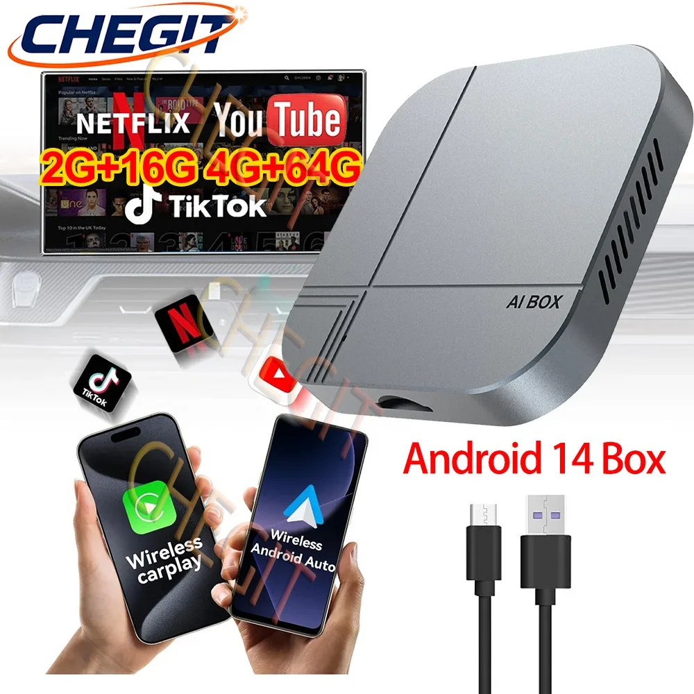 

New Carplay AI Box Android 14 CarPlay Android Auto Wired To Wireless Carplay Adapter TV Box For YouTube Netflix Car Accessories