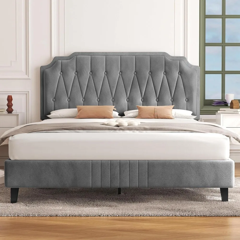 Queen Bed Frame Velvet Upholstered Platform Bed with Curved Headboard, Height-Adjustable Headboard/Noise-Free