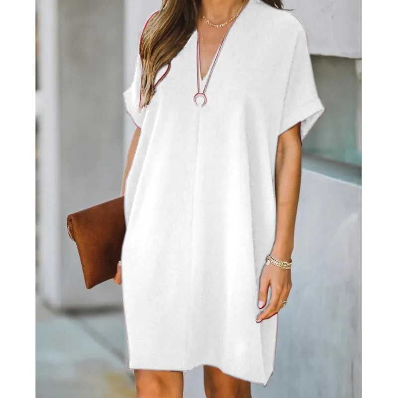 

2025 Spring Chiffon Women Dress Solid V-neck Short Sleeve Loose Dresses Female Summer New Casual Elegant Fashion Ladies Clothes