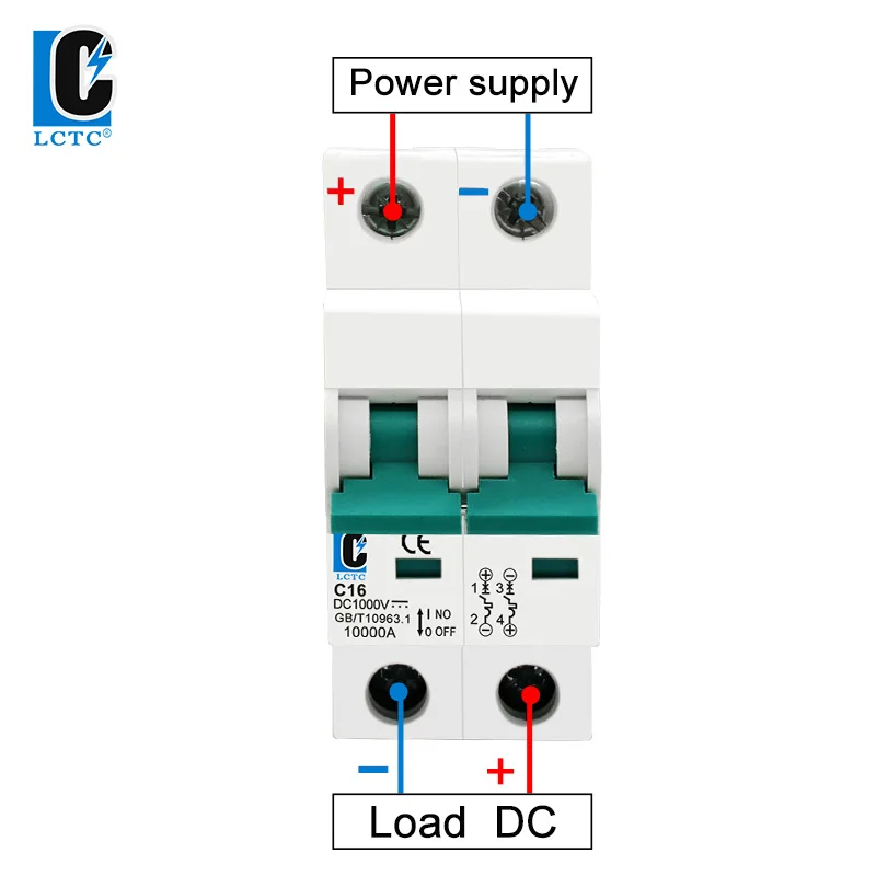 LCTC 2P DC 1000V Mini disyuntor Solar 6A 10A 16A 20A 25A 32A 40A 50A 63A para sistema fotovoltaico interruptor automático fotovoltaico