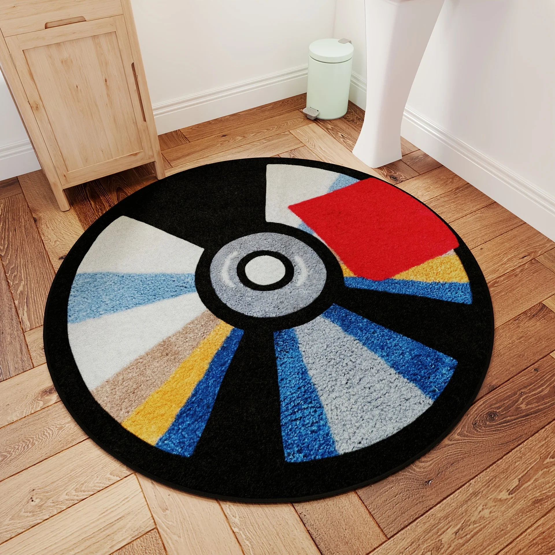 Mid-Century Abstract Round Mat  Vibrant Color Block Leaf Geometric Art Circular Decor Rug for Entryway Indoor Living Space Decor