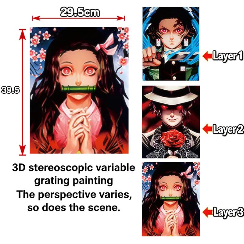 Anime Demon Slayer 3D Lenticular Poster Gradient Flip Wall Art Naked Eye Stereo Painting Home Room Decor Gift No Frame