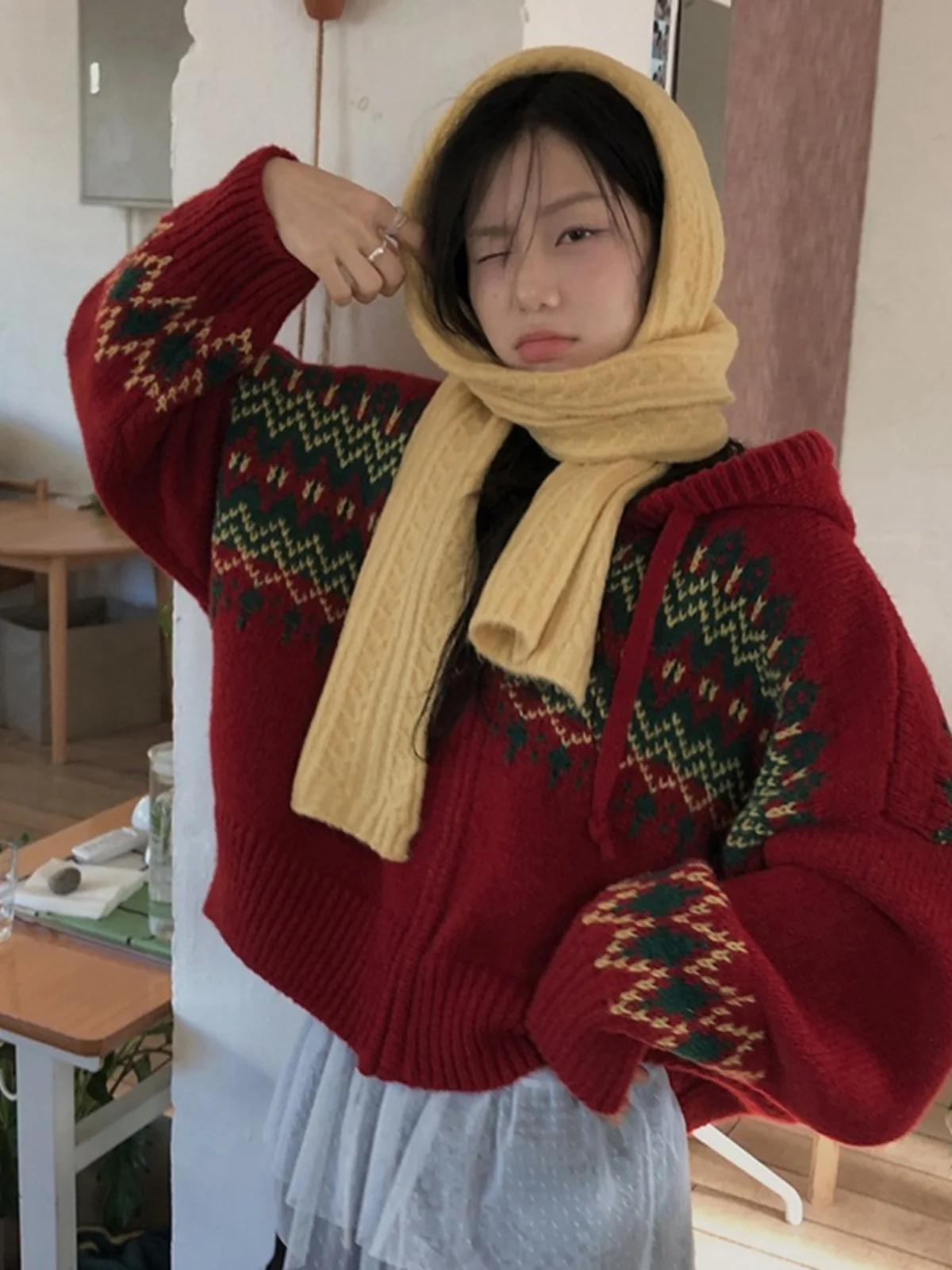 

Nordic Fair Isle женский свободный винтажный открытый кардиган с капюшоном и капюшоном, длинный вязаный джемпер све, универсальный возрастной трикотаж