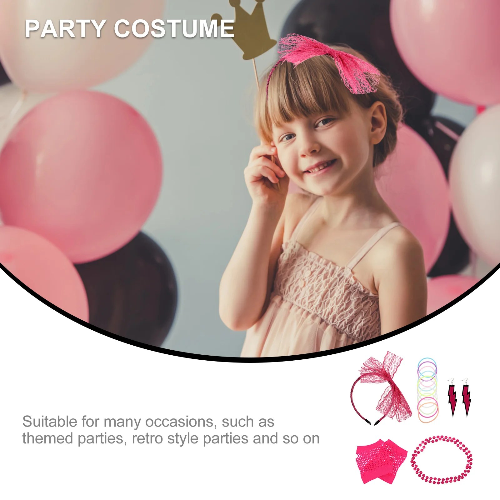 

1Set Party Costume Neon Dress Lace Hairband Gloves Unique Earrings Durable Necklace Eye-Catching Party Wear Lace Hairband