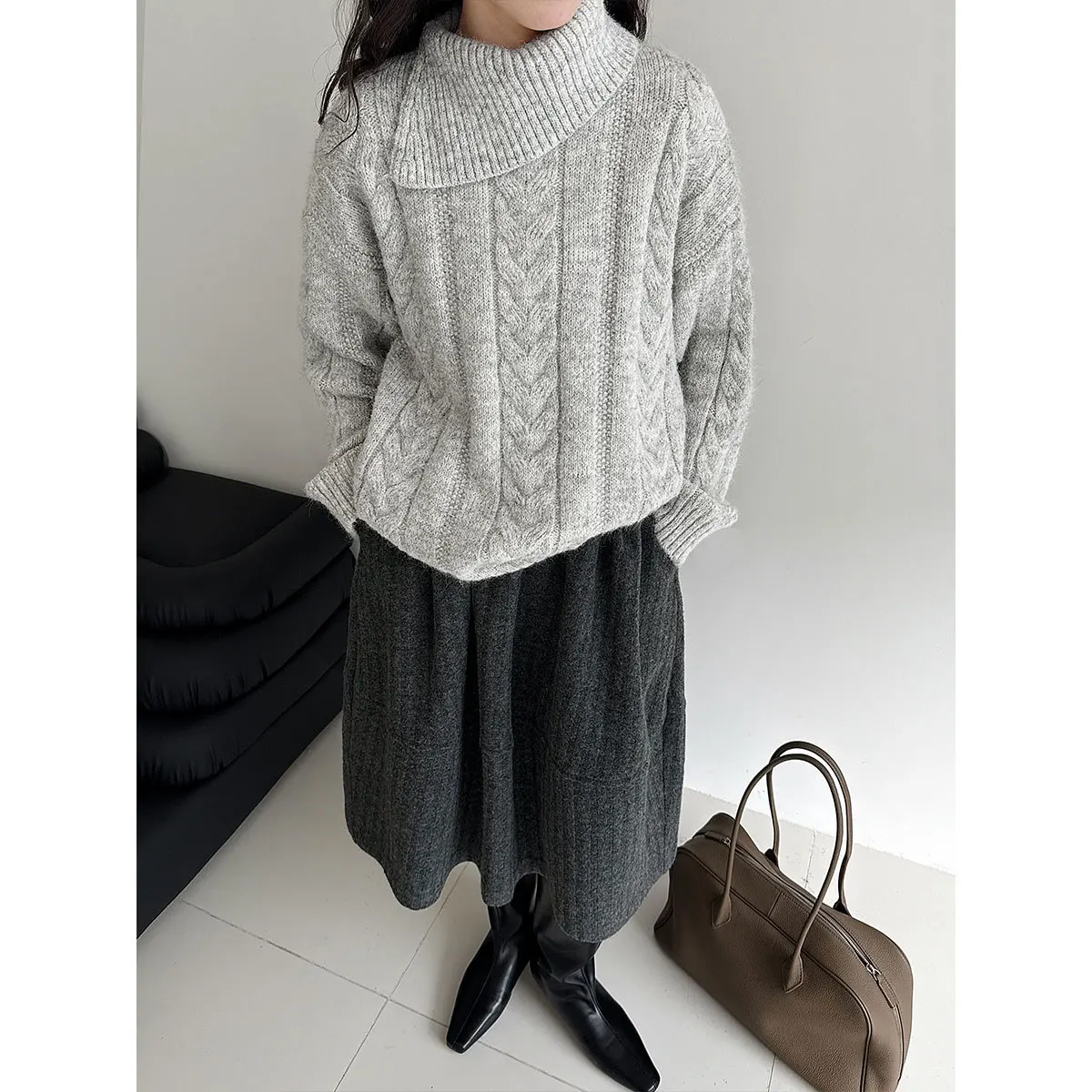 

Wool Irregular Neckline Knitted Sweater For Women, New Autumn And Winter Turn-Down Collar Loose Sweater, High Neck Top