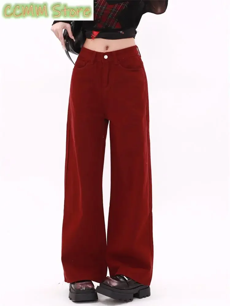 Women's Solid Color Classic Red Casual Cargo Pants Cool Girl Retro Wide-leg Streetwear High Waisted Y2K Straight Baggy Trouser