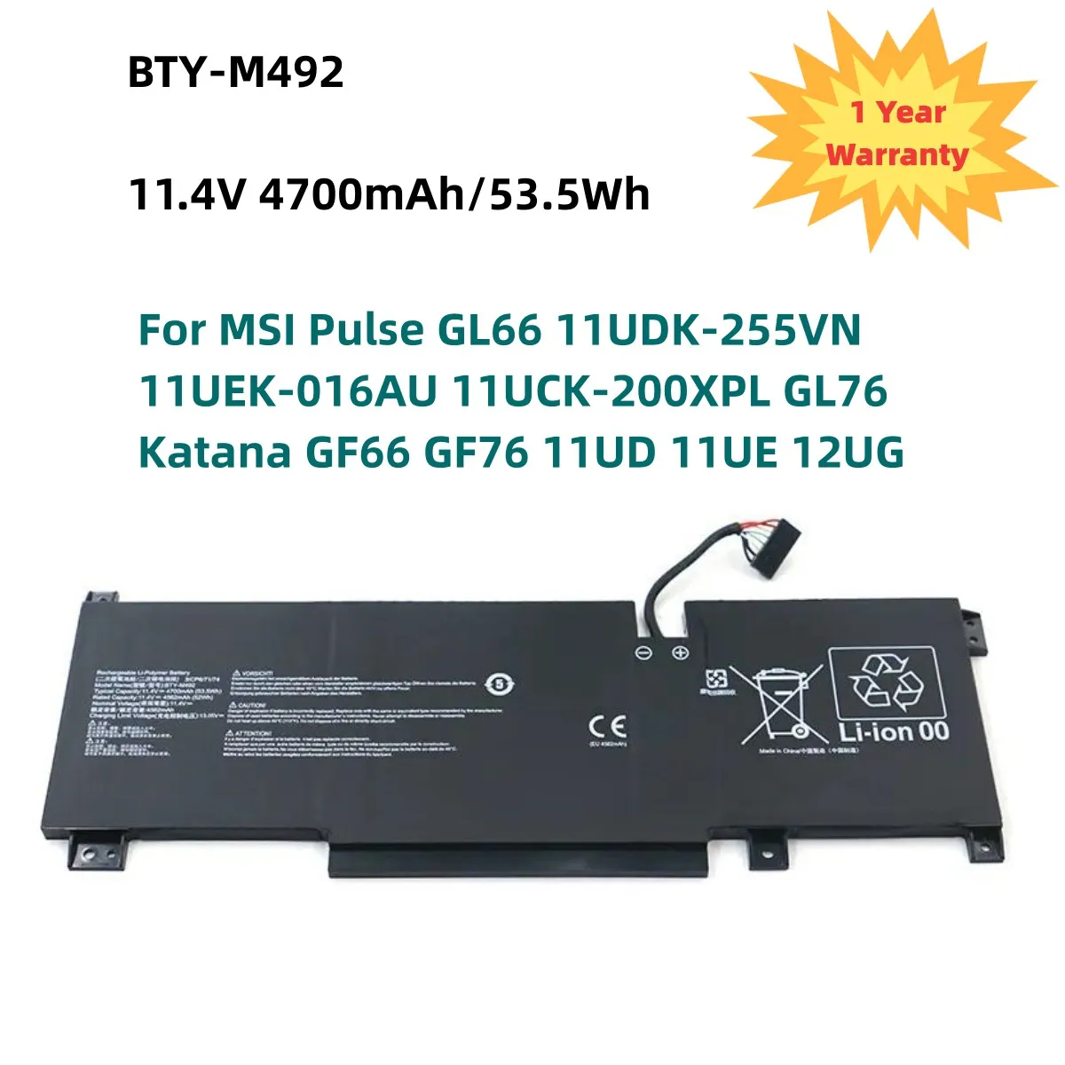 

53.5Wh BTY-M492 Laptop Battery For MSI Pulse GL66 11UDK-255VN 11UEK-016AU 11UCK-200XPL GL76 Katana GF66 GF76 11UD 11UE 12UG