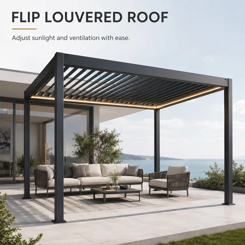 Heavy Duty Aluminum Bioclimatic Pergola Motorized Louver Roof Gazebo Waterproof Windproof Outdoor Garden Canopy LED Lighting