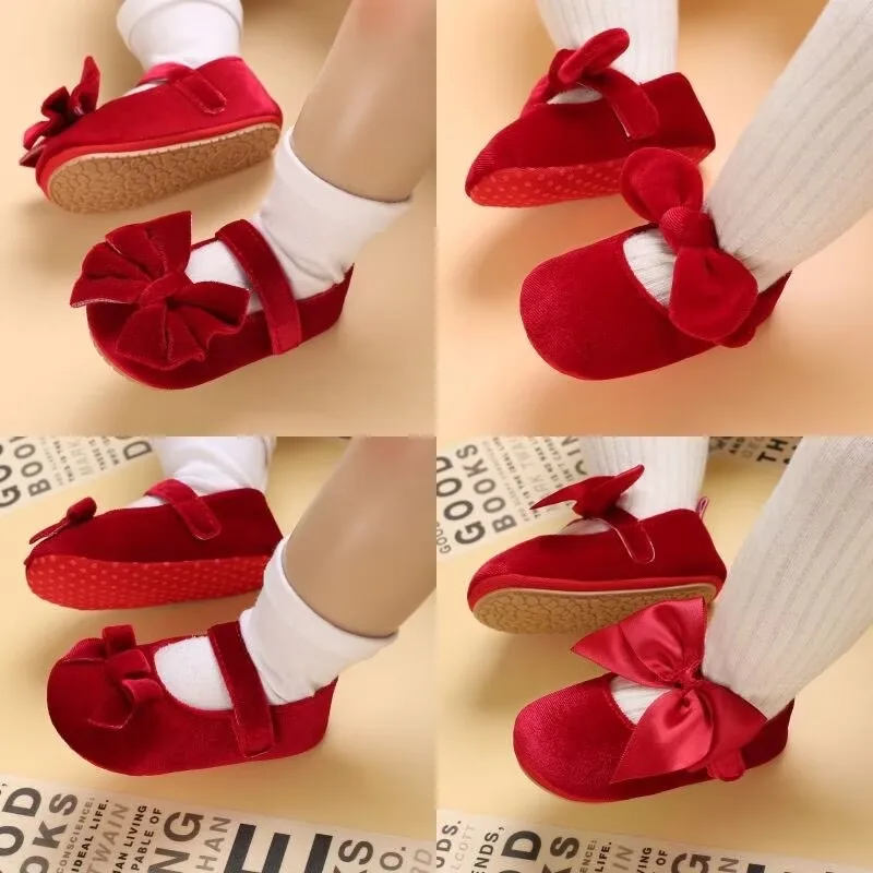 Spring and Autumn Red Suede Baby Princess Shoes 0-12 Months Baby Party Dress Sneakers