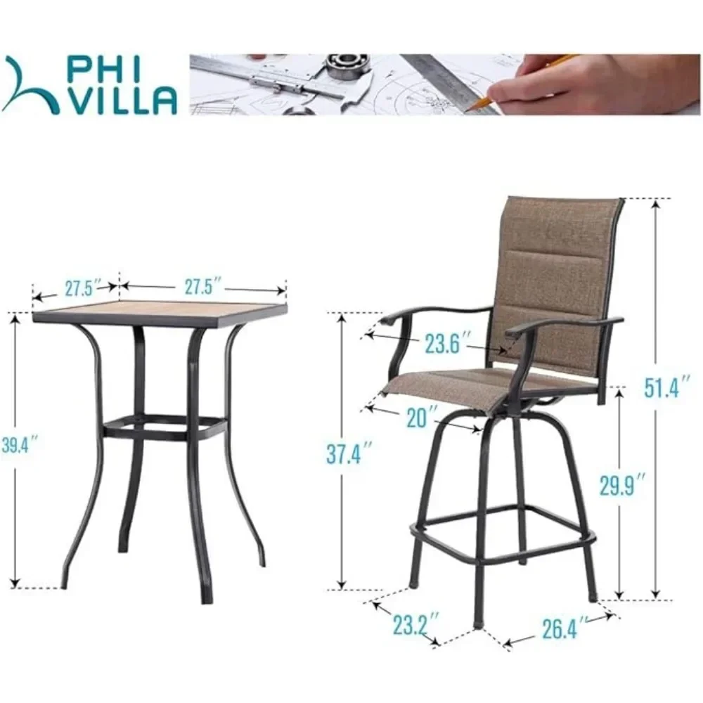 Acolchoado giratório Bar Stools Set, pátio ao ar livre Bistro, tecido textileno, All-Weather Mobiliário Pátio, mesa e cadeiras Set, 3 pcs