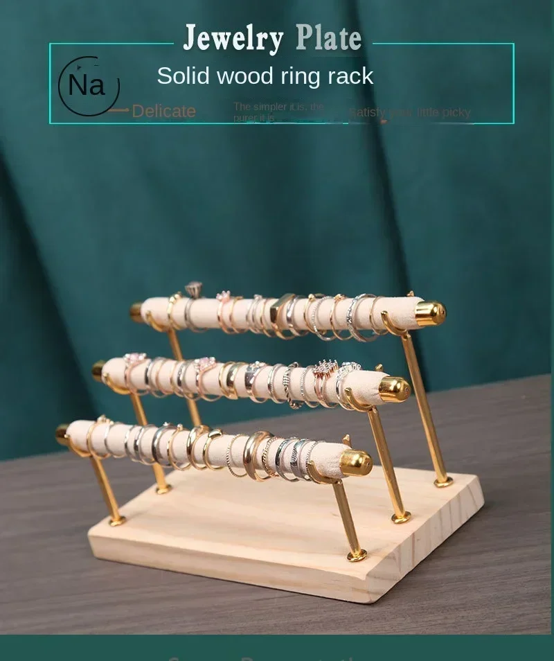 Solid Wood Base Multi-Layer Ring Display Rack with Removable Metal Sponge Stick Ring Holder for Jewelry Storage Organization