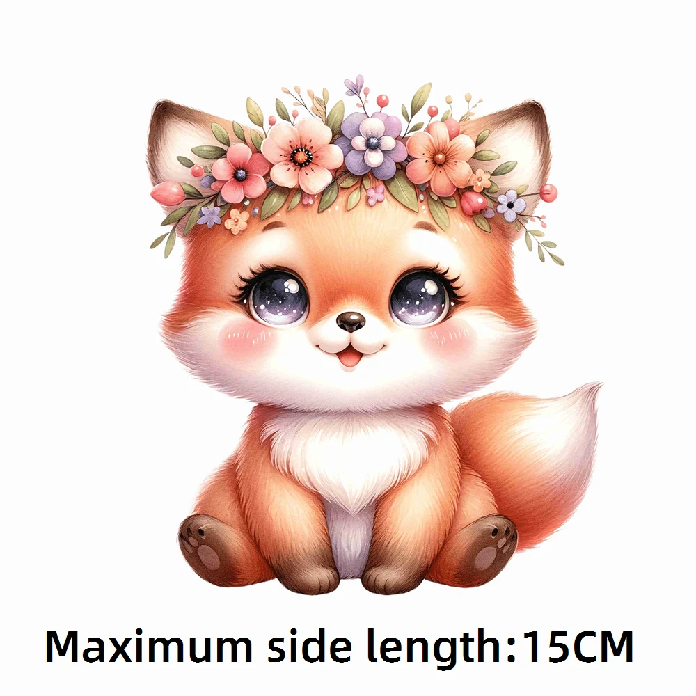 15cm Kids Cute Flower Animal Fox Iron On Heat Transfer Sticker For Clothes Pinted Vinyl Thermal Appliques Washable T-Shirt Decal