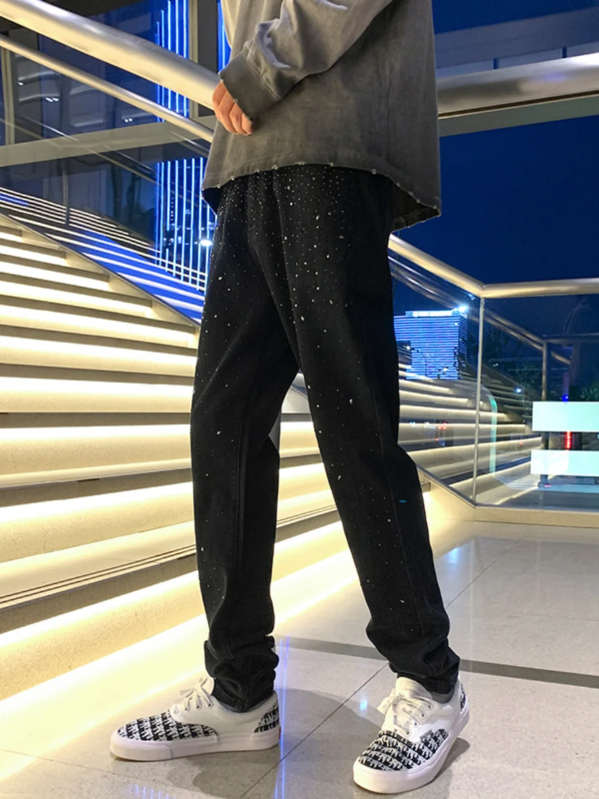 Summer New Black Men's Slim Fit Jeans Fashion Trend Starry Heavy Ironwork Rhinestone Thin Straight Long Pants