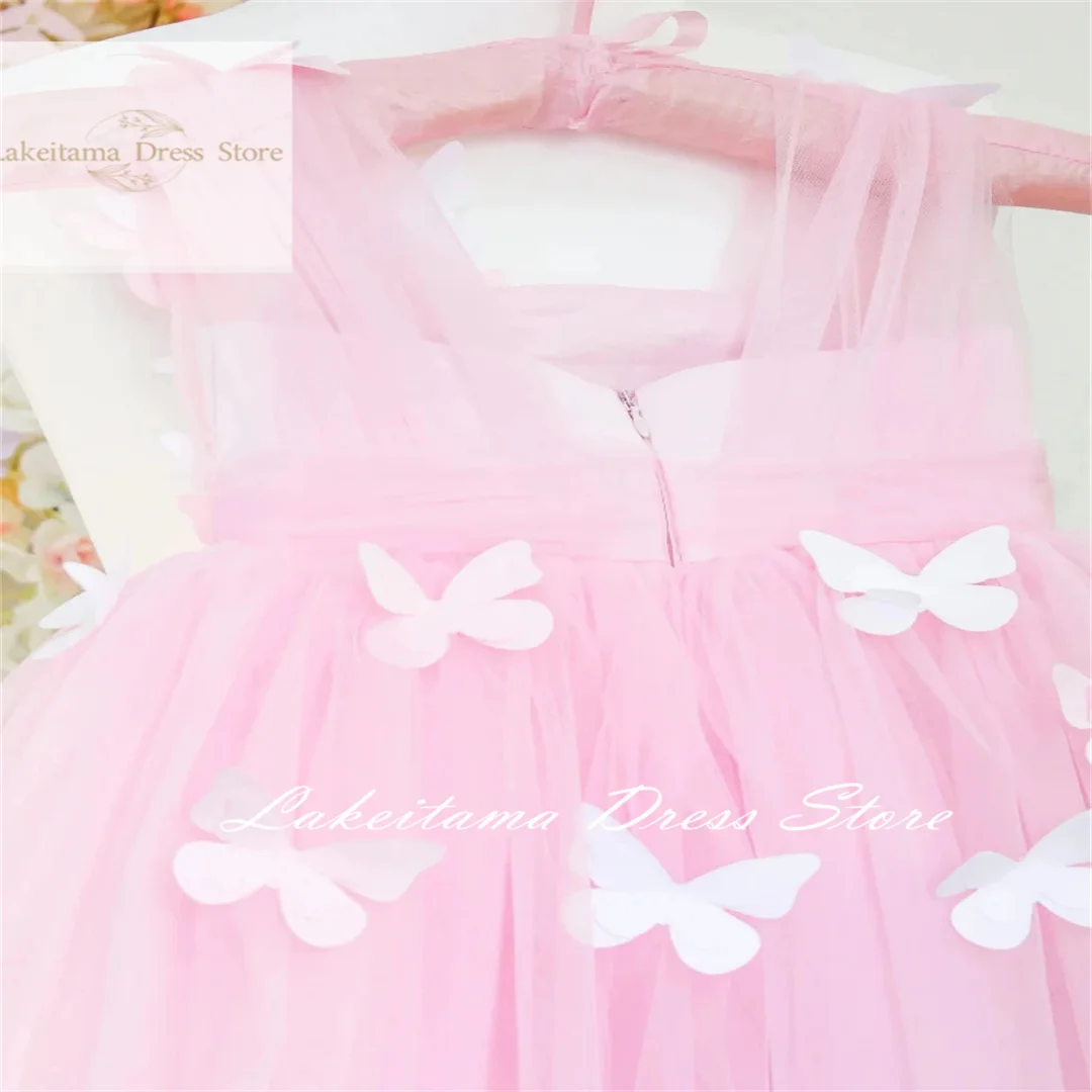 結婚式誕生日最初のピンクチュールふわふわ高低スカート 3D 蝶フラワーガールドレスノースリーブ聖体拝領ガウン