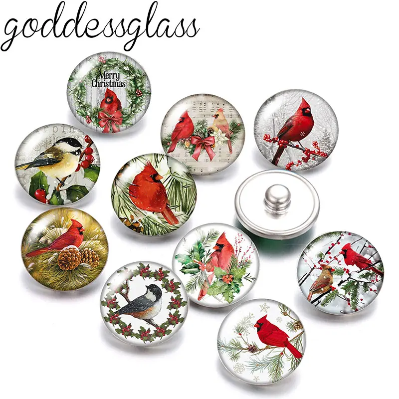 New Merry Christmas Red Birds Cardinal 10pcs Round photo 12mm/18mm snap buttons for 12mm/18mm snap necklace DIY findings jewelry