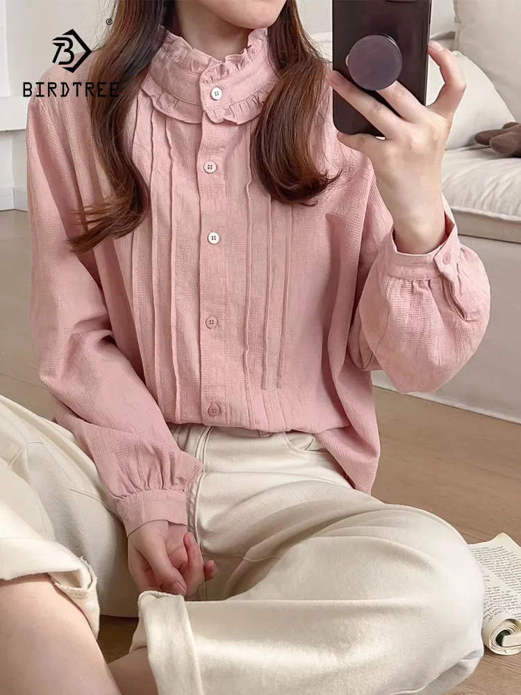 

New 2026 Spring Cotton Long Sleeve Shirt, Women Stand Ruffles Folds, Mori Girl French Temperament Chic Loose Blouse T5D524CC