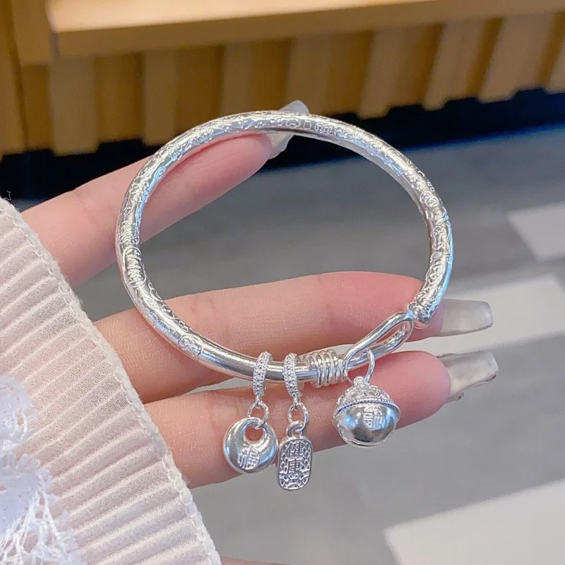 Chinese Auspicious Lucky Design S999 Pure Silver Open Cuff Bracelet Vintage Scroll Engraved Bangle With Multiple Pendants