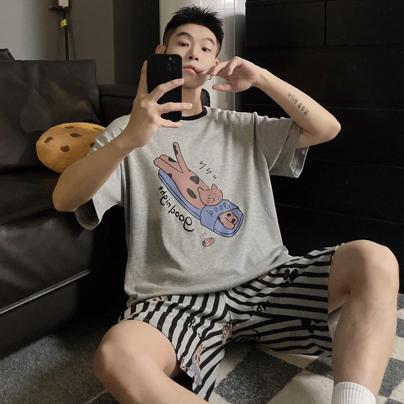 

DAIMELU pajamas men's summer short-sleeved thin striped shorts cat cartoon simple gray loungewear teen suit women sleepwear set