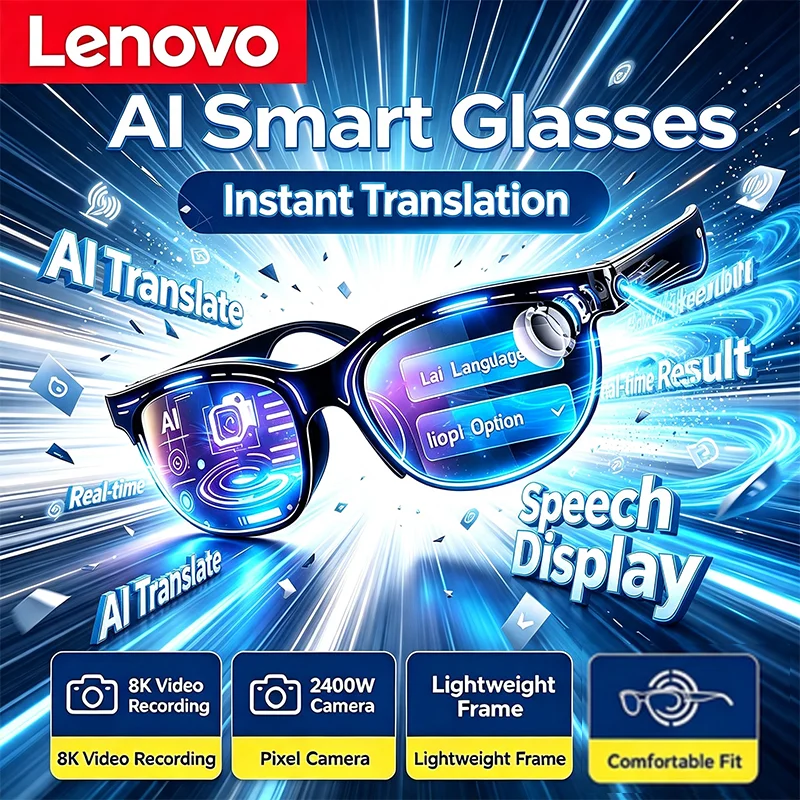 Lenovo HOT Smart Camera Glasses 2400w AI Real-time Translation Chat Recording Music Play Insert Card Bluetooth Smart Sunglasses