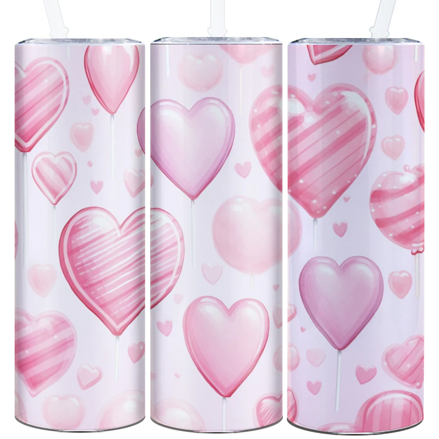 1Pc Party Valentine's Day Tumbler Straw Lid 20oz Hot Cold Insulated Water Bottle Print 3D Heart Lock & key Festive Gift For Wife