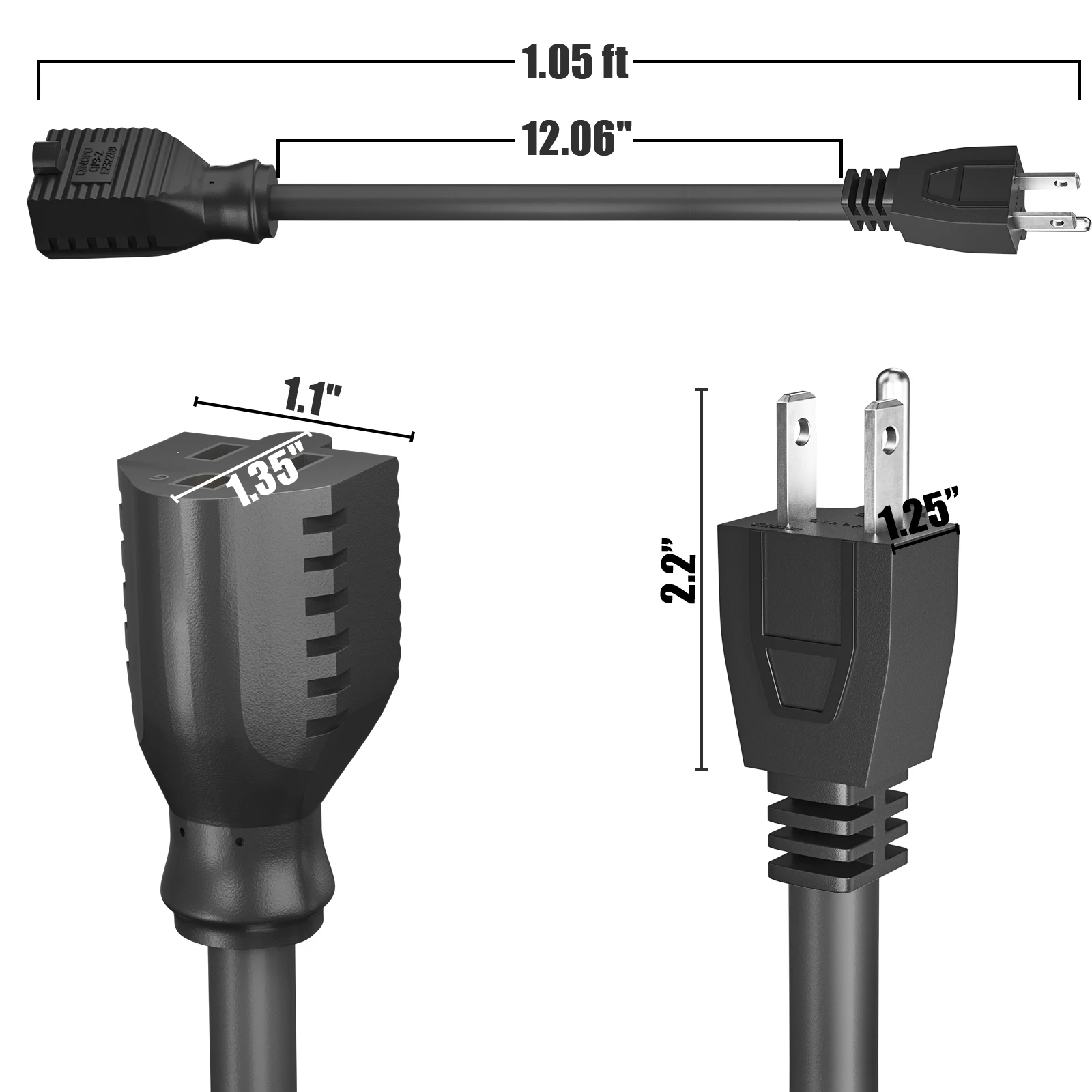 2 Pack Extension Cord, Right Angle Plug 1 Foot 18 Gauge Heavy Duty, 3 Prong Short Flat Plug Extension Cords Weatherproof