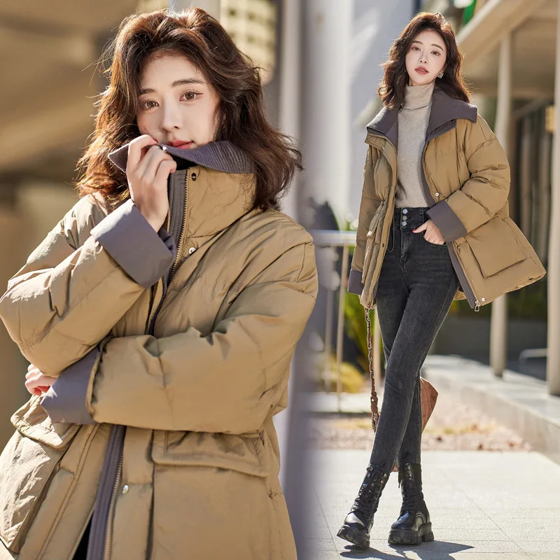 Loose Knitted Lapel Coat for Women, Padded Down Jacket, Collision Color, Korean Version, New, Autumn and Winter, 2024