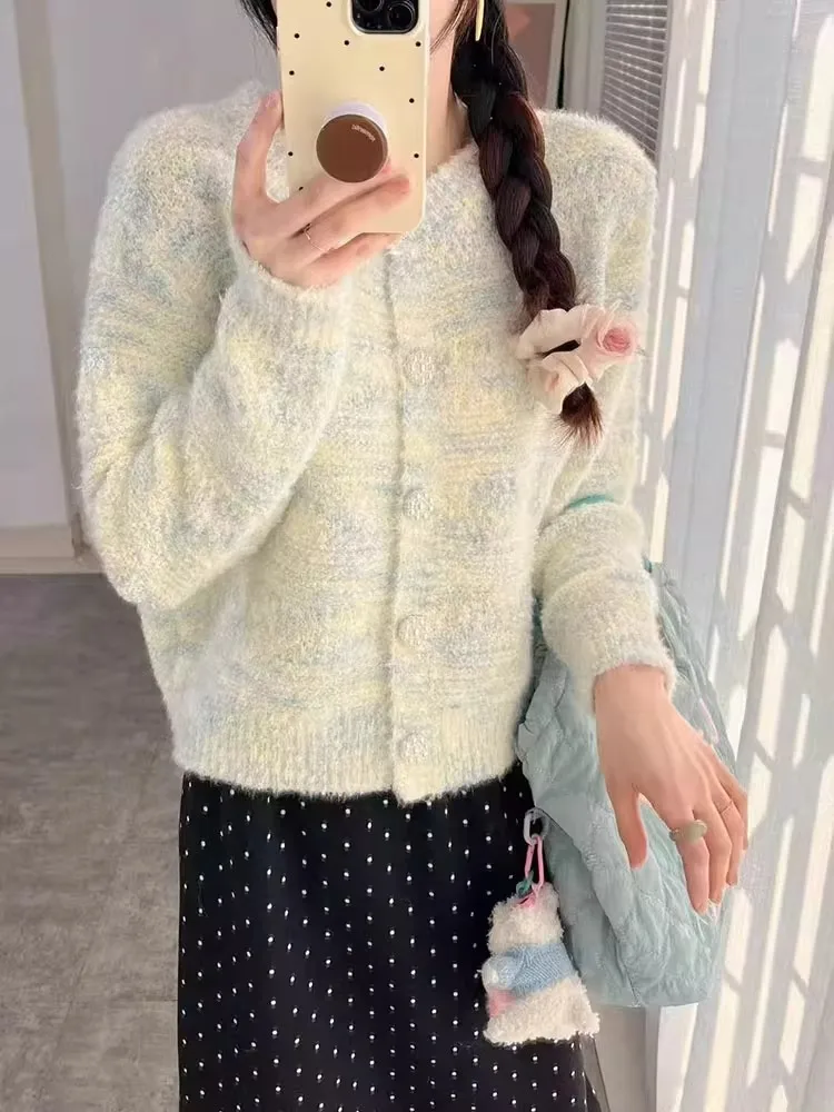 

Early Autumn adient Plu Knitted ort Cardigan Women's Outerwear High School Students' Warmth-Insulating round Ne Top