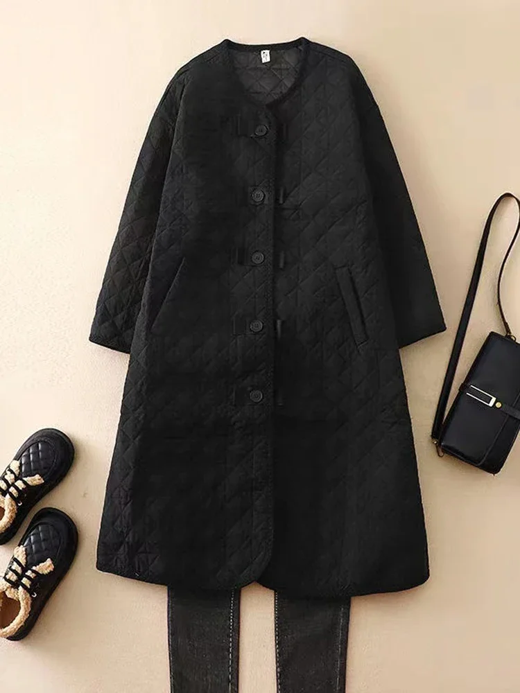 Vintage Oversized Parkas Women Fashion Plaid Button Winter Coats Female Elegant Long Cotton-Padded Jackets Ladies Overcoat E-696