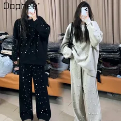 Fashion Bead Leisure Sports Suit for Women Spring Autumn Loose Crew Neck Pullover Sweatshirt and Wide Leg Pants Two-Piece Set